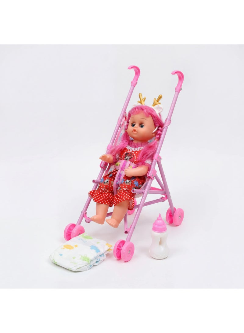 Baby Doll Stroller Playset with Accessories – Foldable Toy Buggy, Feeding Bottle & Diaper – Realistic Pretend Play Gift for Kids & Toddlers - Image 2
